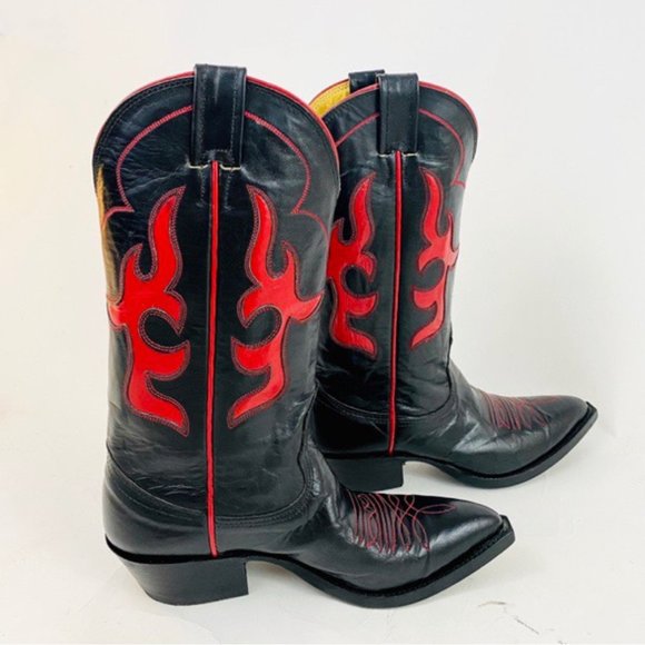 Nocona black and red leather flame western cowboy - Picture 1 of 4